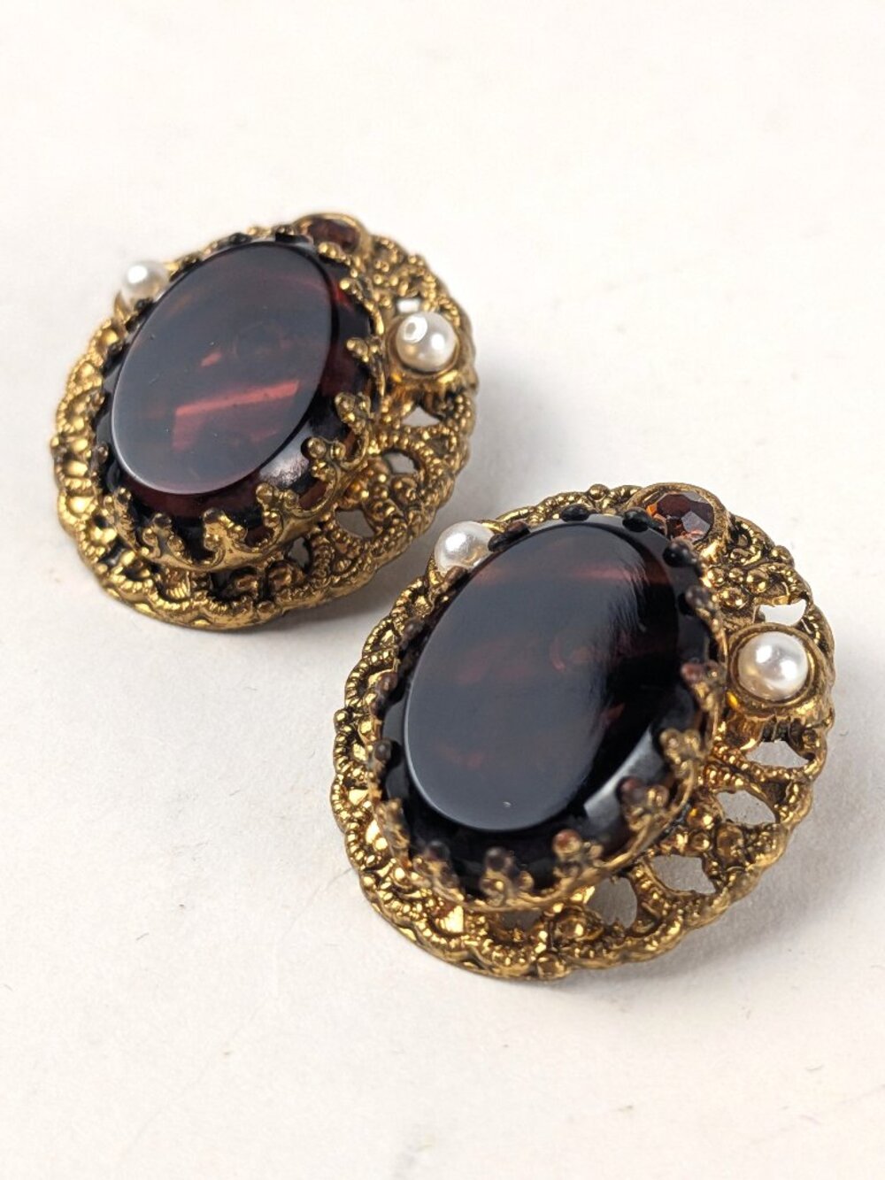 Vintage Brown Tortoise Shell Beaded Clip-on Earrings